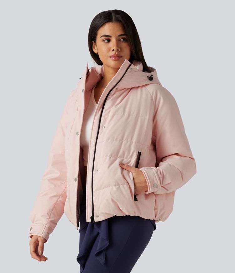 Hooded Long Sleeve Plaid Casual Down Jacket with Pockets