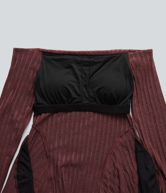 Ribbed Knit Off Shoulder Long Sleeve Built-in Bra Mini Casual Dress with Pockets