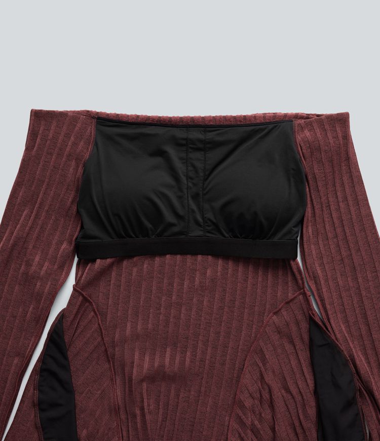 Ribbed Knit Off Shoulder Long Sleeve Built-in Bra Mini Casual Dress with Pockets
