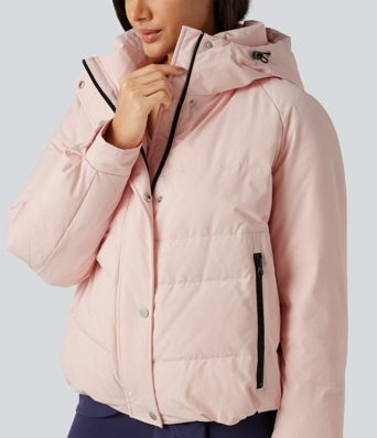 Hooded Long Sleeve Plaid Casual Down Jacket with Pockets