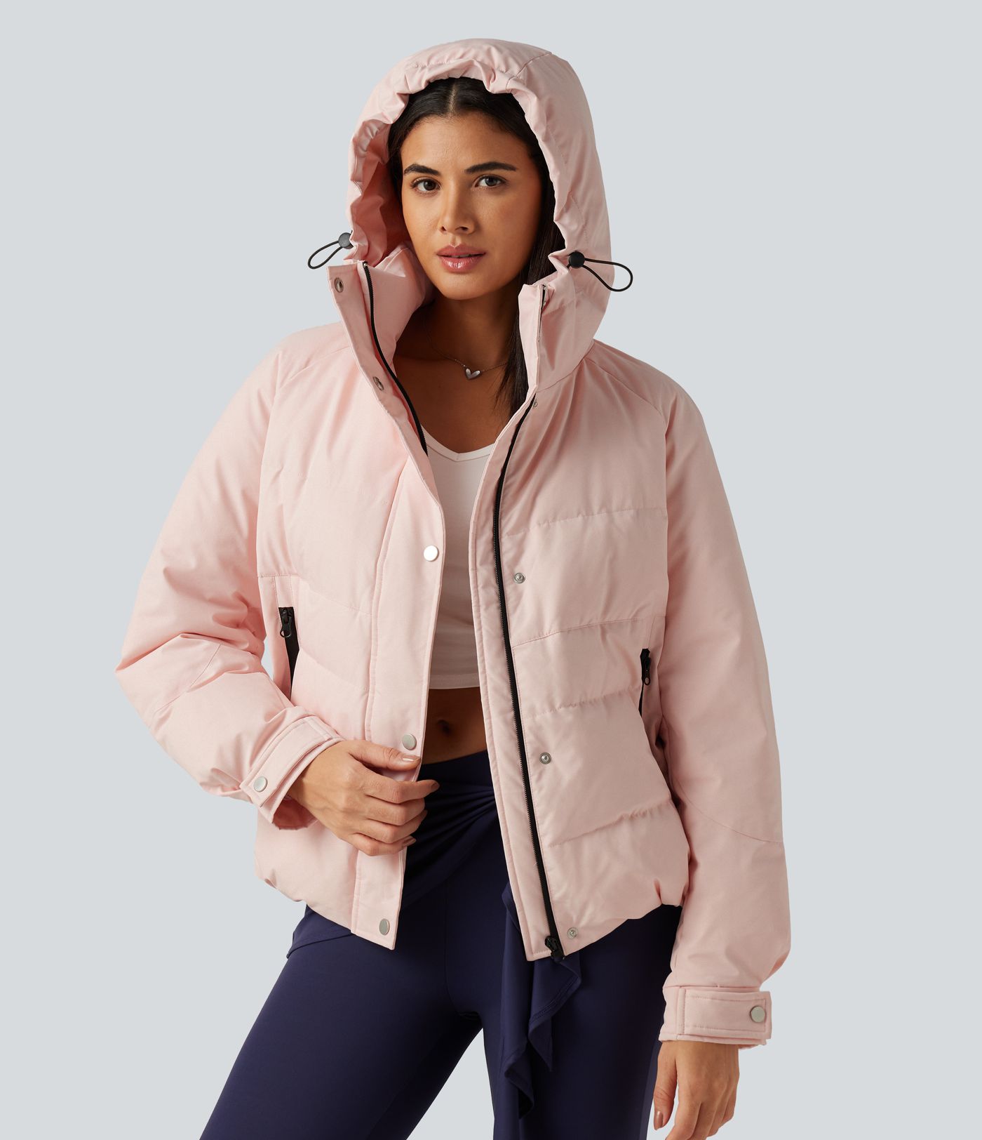 Hooded Long Sleeve Plaid Casual Down Jacket with Pockets