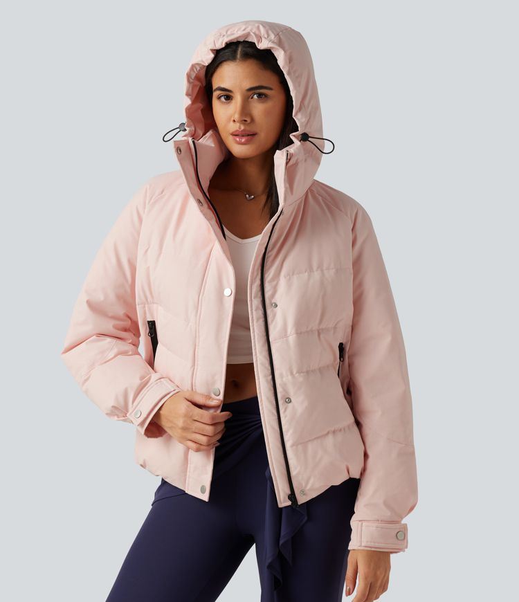 Hooded Long Sleeve Plaid Casual Down Jacket with Pockets