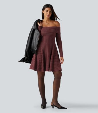 Ribbed Knit Off Shoulder Long Sleeve Built-in Bra Mini Casual Dress with Pockets
