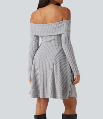 Ribbed Knit Off Shoulder Long Sleeve Built-in Bra Mini Casual Dress with Pockets Ribbed Knit Off Shoulder Long Sleeve Built-in Bra Mini Casual Dress with Pockets