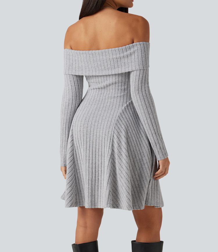 Ribbed Knit Off Shoulder Long Sleeve Built-in Bra Mini Casual Dress with Pockets Ribbed Knit Off Shoulder Long Sleeve Built-in Bra Mini Casual Dress with Pockets