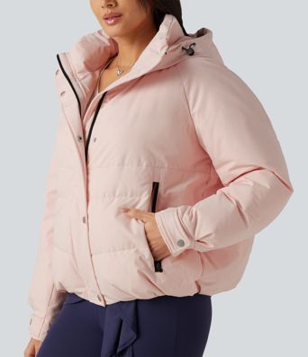 Hooded Long Sleeve Plaid Casual Down Jacket with Pockets