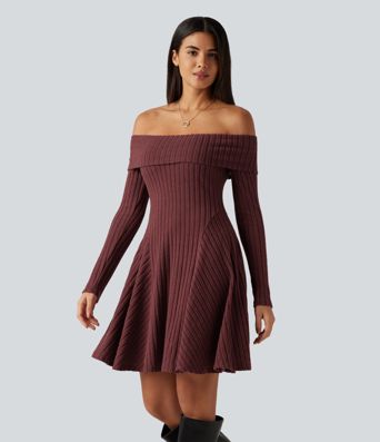 Ribbed Knit Off Shoulder Long Sleeve Built-in Bra Mini Casual Dress with Pockets