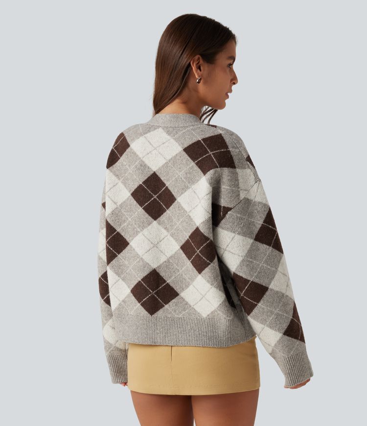 V Neck Long Sleeve Plaid Casual Cardigan V Neck Long Sleeve Plaid Casual Cardigan