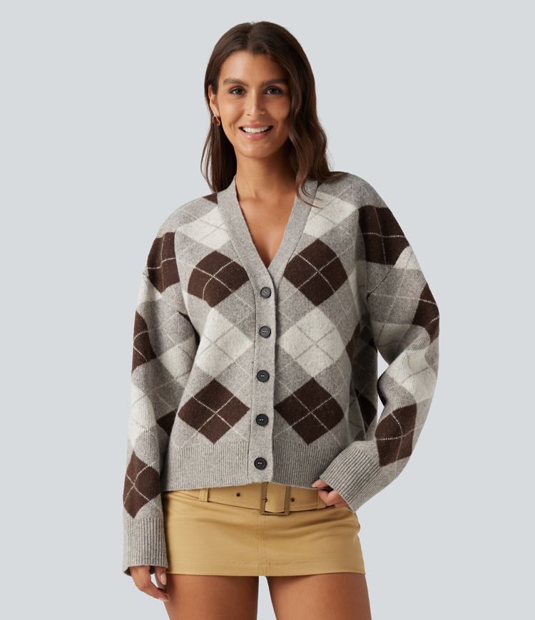 V Neck Long Sleeve Plaid Casual Cardigan V Neck Long Sleeve Plaid Casual Cardigan