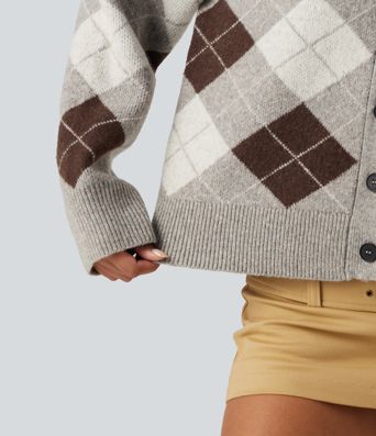 V Neck Long Sleeve Plaid Casual Cardigan V Neck Long Sleeve Plaid Casual Cardigan