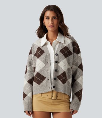 V Neck Long Sleeve Plaid Casual Cardigan V Neck Long Sleeve Plaid Casual Cardigan