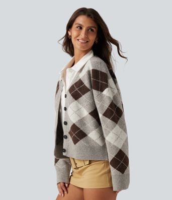 V Neck Long Sleeve Plaid Casual Cardigan V Neck Long Sleeve Plaid Casual Cardigan