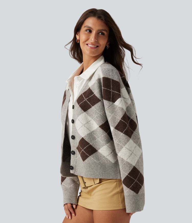 V Neck Long Sleeve Plaid Casual Cardigan V Neck Long Sleeve Plaid Casual Cardigan