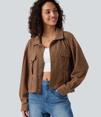 Veste décontractée maille gaufrée manches longues avec poches