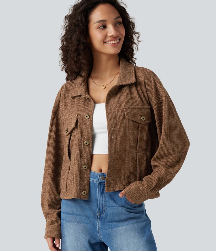 Veste décontractée maille gaufrée manches longues avec poches