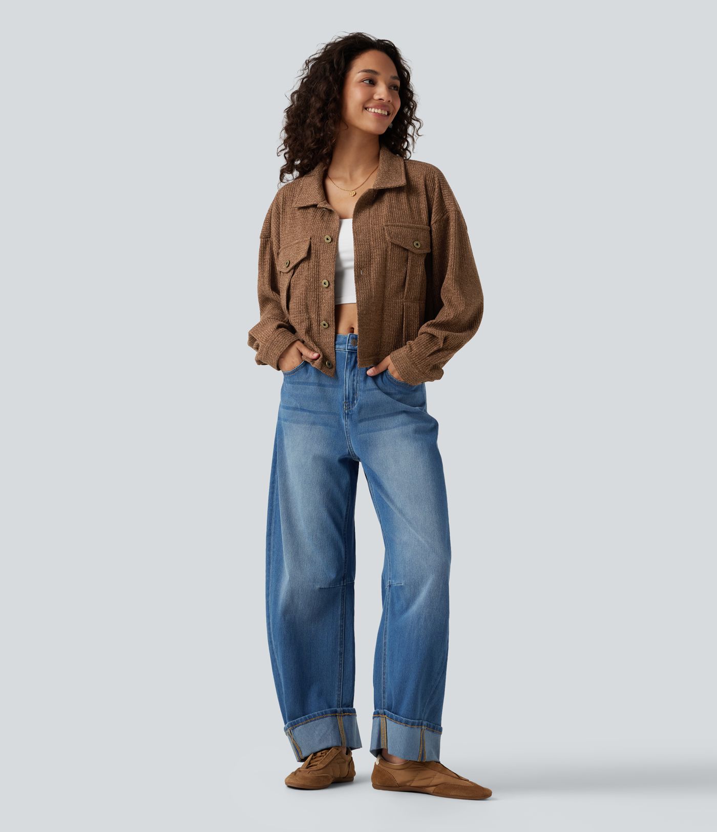 Veste décontractée maille gaufrée manches longues avec poches