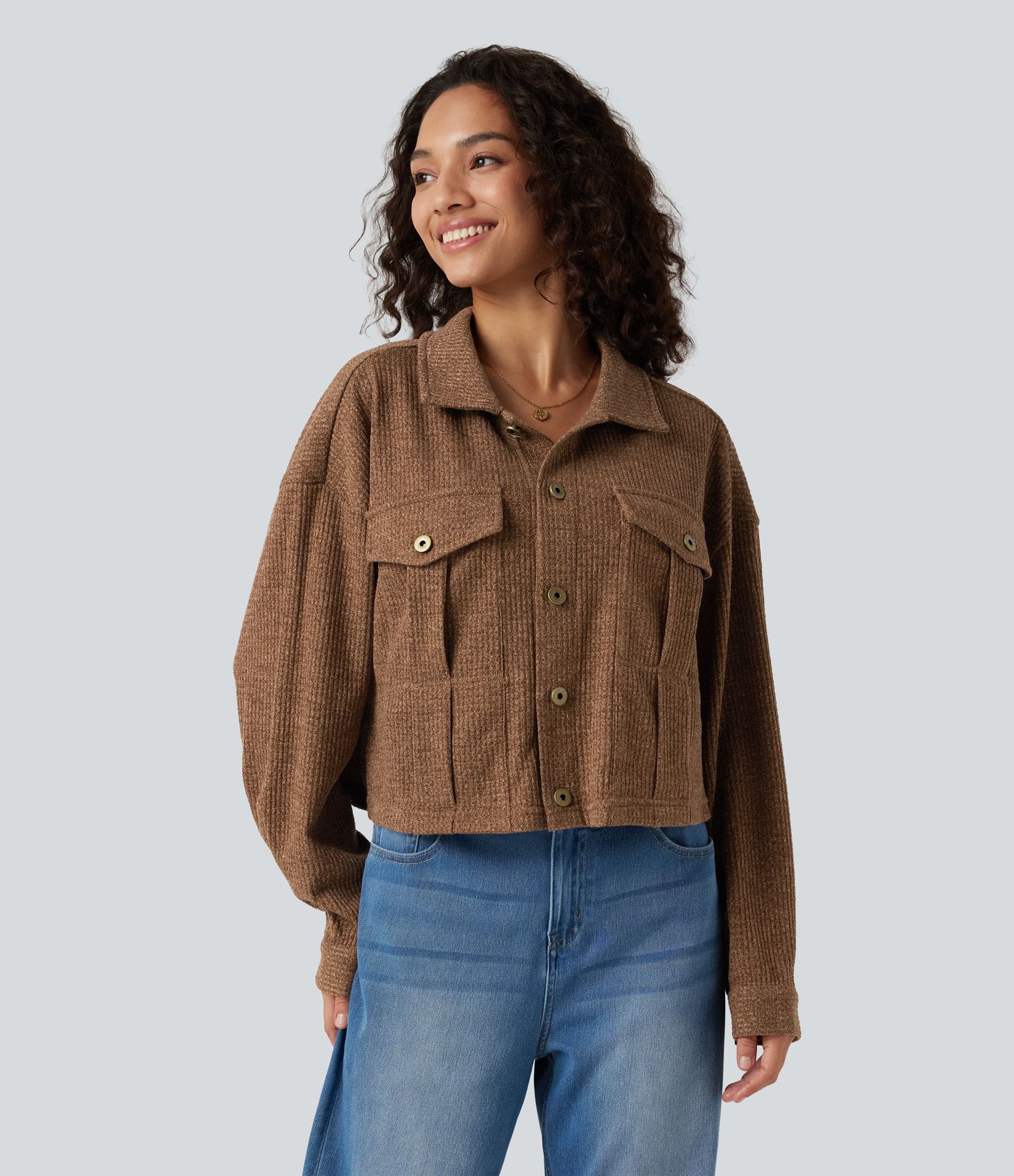 Veste décontractée maille gaufrée manches longues avec poches