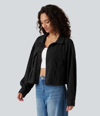 Long Sleeve Knit Waffle Casual Jacket with Pockets Long Sleeve Knit Waffle Casual Jacket with Pockets