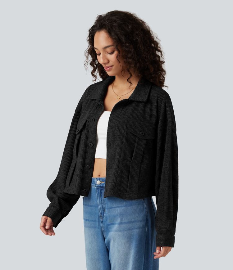 Long Sleeve Knit Waffle Casual Jacket with Pockets Long Sleeve Knit Waffle Casual Jacket with Pockets