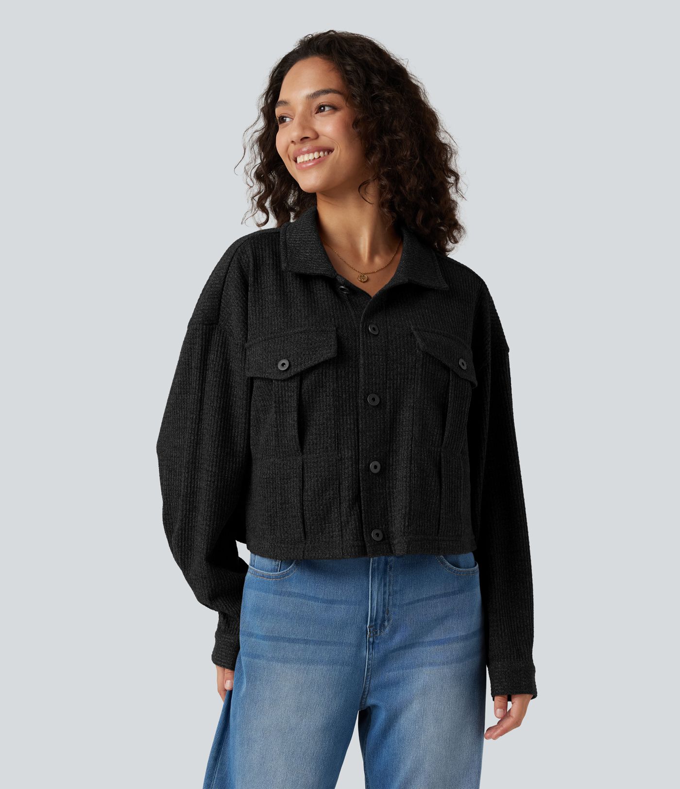Long Sleeve Knit Waffle Casual Jacket with Pockets Long Sleeve Knit Waffle Casual Jacket with Pockets