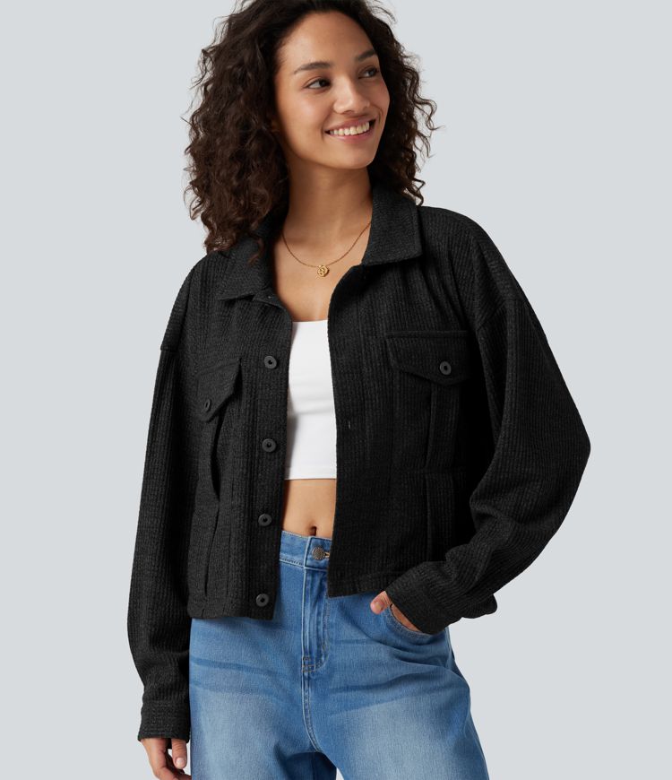 Long Sleeve Knit Waffle Casual Jacket with Pockets Long Sleeve Knit Waffle Casual Jacket with Pockets