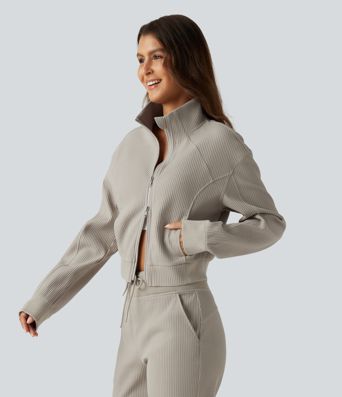 Stand Collar Raglan 2-Way Zipper Long Sleeve Waffle Casual Jacket with Pockets