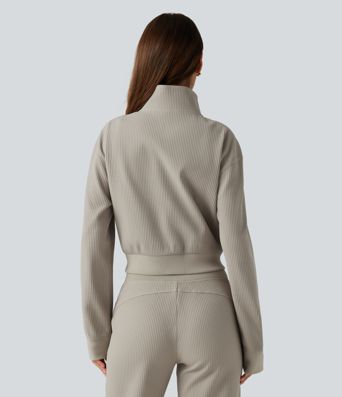 Stand Collar Raglan 2-Way Zipper Long Sleeve Waffle Casual Jacket with Pockets