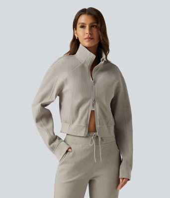 Stand Collar Raglan 2-Way Zipper Long Sleeve Waffle Casual Jacket with Pockets