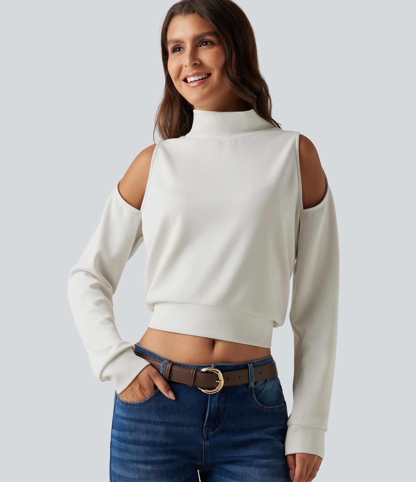 Mock Neck Cold Shoulder Long Sleeve Casual Sweatshirt Mock Neck Cold Shoulder Long Sleeve Casual Sweatshirt