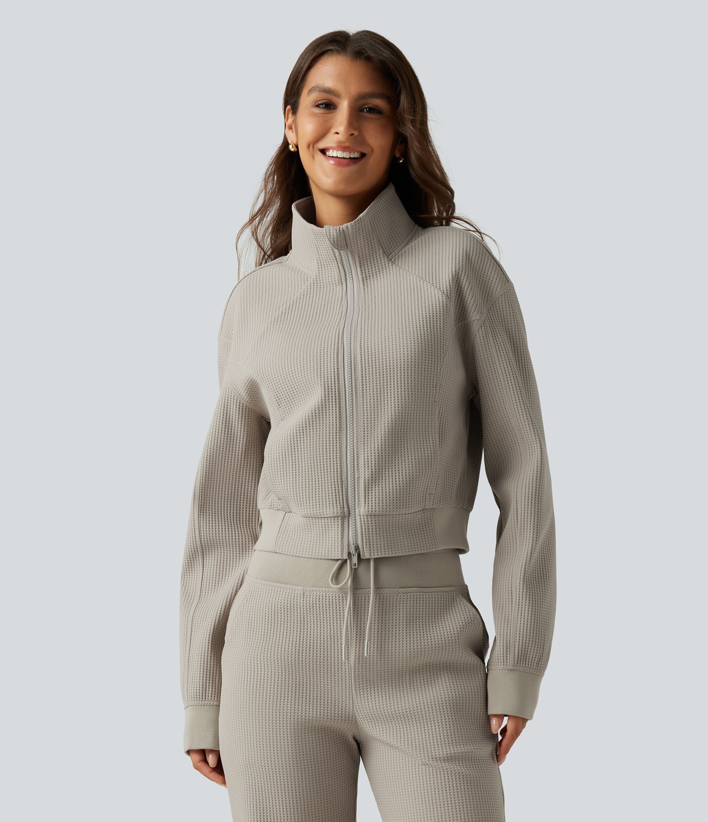Stand Collar Raglan 2-Way Zipper Long Sleeve Waffle Casual Jacket with Pockets