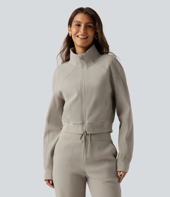 Stand Collar Raglan 2-Way Zipper Long Sleeve Waffle Casual Jacket with Pockets