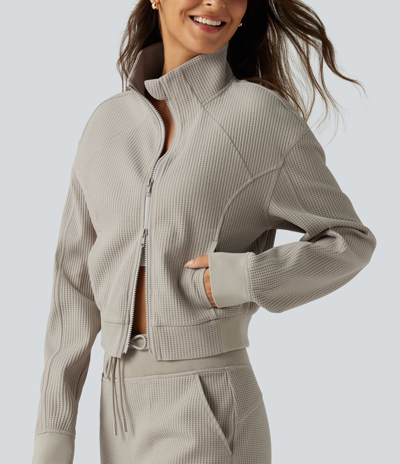 Stand Collar Raglan 2-Way Zipper Long Sleeve Waffle Casual Jacket with Pockets