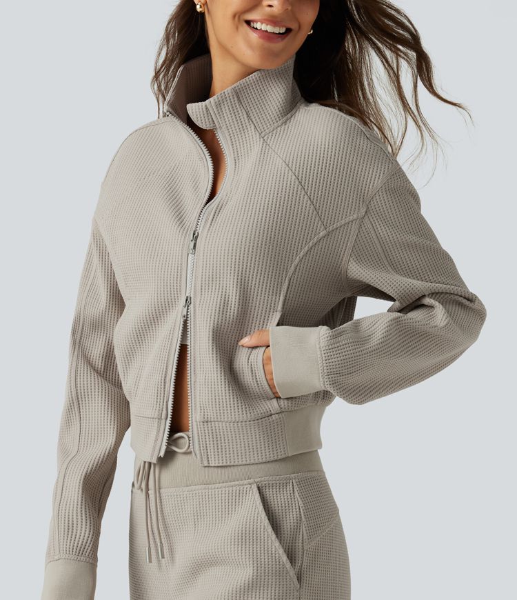 Stand Collar Raglan 2-Way Zipper Long Sleeve Waffle Casual Jacket with Pockets