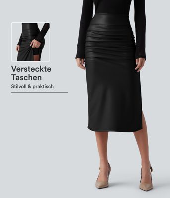 Geraffter, figurbetonter 2-in-1 Midirock aus Kunstleder mit hohem Bund und abgerundetem Saum Geraffter, figurbetonter 2-in-1 Midirock aus Kunstleder mit hohem Bund und abgerundetem Saum