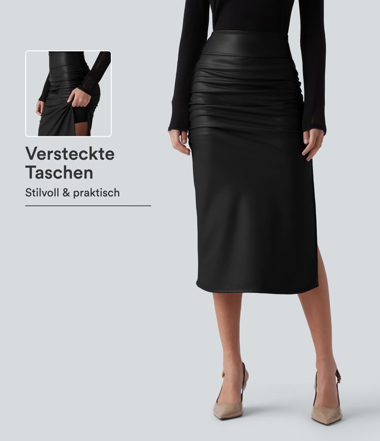 Geraffter, figurbetonter 2-in-1 Midirock aus Kunstleder mit hohem Bund und abgerundetem Saum Geraffter, figurbetonter 2-in-1 Midirock aus Kunstleder mit hohem Bund und abgerundetem Saum