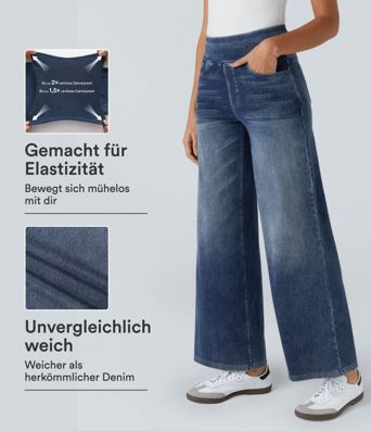 Halara Flex™ Baggy Jeans aus verwaschenem Stretch-Strick mit hohem Bund, mehreren Taschen und weitem Bein, Wide Leg Jeans Halara Flex™ Baggy Jeans aus verwaschenem Stretch-Strick mit hohem Bund, mehreren Taschen und weitem Bein, Wide Leg Jeans