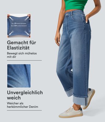 Halara Flex™ - Verwaschene Jeans aus elastischem Strick-Denim mit hohem Bund, mehreren Taschen, Rollsaum und weitem Bein