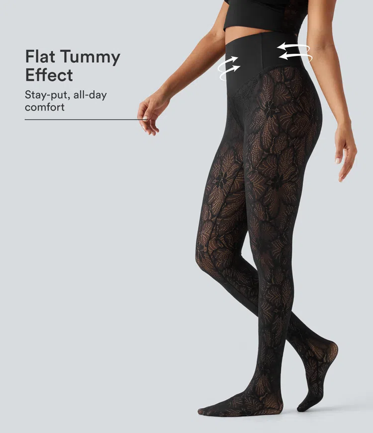 Black High Waisted Tummy Control Contrast Lace Casual Leggings / 1