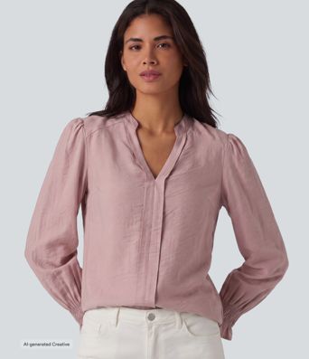 V Neck Puff Long Sleeve Casual Blouse