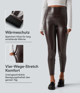 Lässige Fleece-Leggings aus elastischem Kunstleder mit hohem Bund, Gesäßtaschen, Bauchkontrolle und Schlangenhaut-Print - skinny fit Lässige Fleece-Leggings aus elastischem Kunstleder mit hohem Bund, Gesäßtaschen, Bauchkontrolle und Schlangenhaut-Print - skinny fit