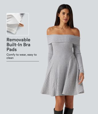 Ribbed Knit Off Shoulder Long Sleeve Built-in Bra Mini Casual Dress with Pockets Ribbed Knit Off Shoulder Long Sleeve Built-in Bra Mini Casual Dress with Pockets