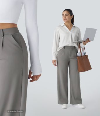 Halara Flex™ plissierte dehnbare Stoffhose mit hohem Bund, Seitentaschen und geradem Bein Halara Flex™ plissierte dehnbare Stoffhose mit hohem Bund, Seitentaschen und geradem Bein