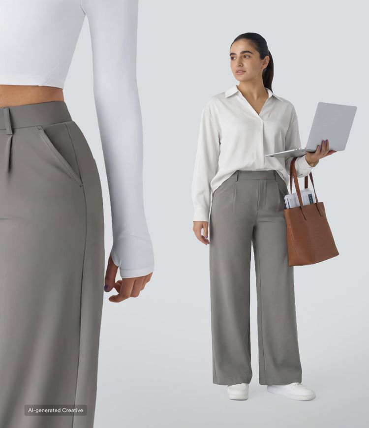 Halara Flex™ plissierte dehnbare Stoffhose mit hohem Bund, Seitentaschen und geradem Bein