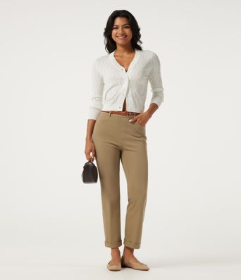 High Waisted Tapered Rolled Hem Work Cotton Pants with Pockets