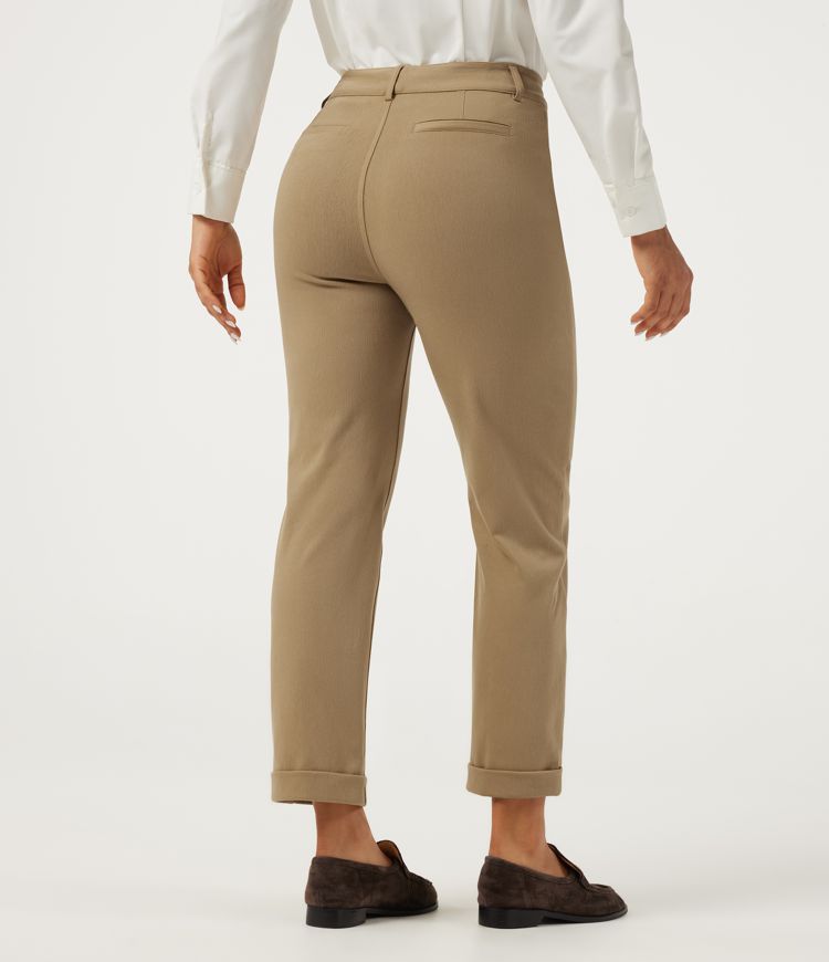 High Waisted Tapered Rolled Hem Work Cotton Pants with Pockets