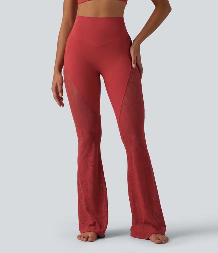 Halara UltraSculpt™ leggings de cintura alta con control abdominal, encaje en contraste y corte flare para yoga con bolsillo