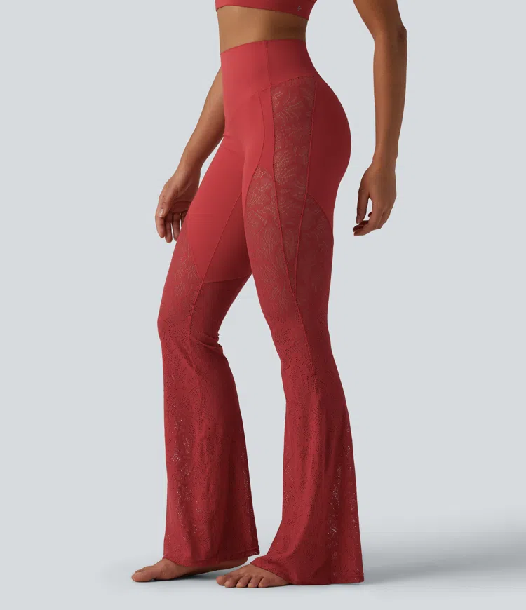 Halara UltraSculpt™ leggings de cintura alta con control abdominal, encaje en contraste y corte flare para yoga con bolsillo