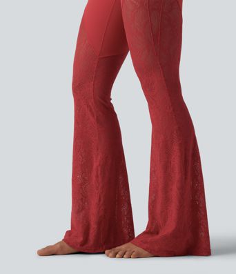 Halara UltraSculpt™ leggings de cintura alta con control abdominal, encaje en contraste y corte flare para yoga con bolsillo