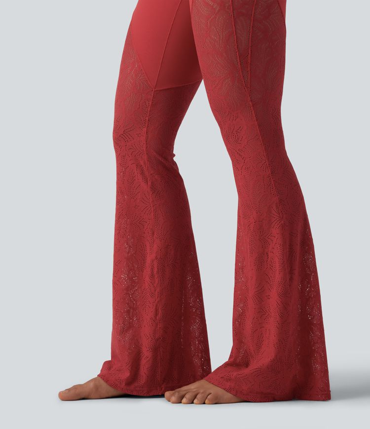 Halara UltraSculpt™ leggings de cintura alta con control abdominal, encaje en contraste y corte flare para yoga con bolsillo
