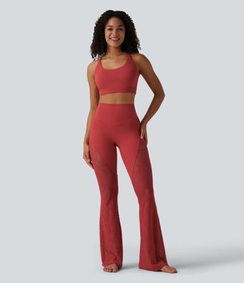 Halara UltraSculpt™ leggings de cintura alta con control abdominal, encaje en contraste y corte flare para yoga con bolsillo